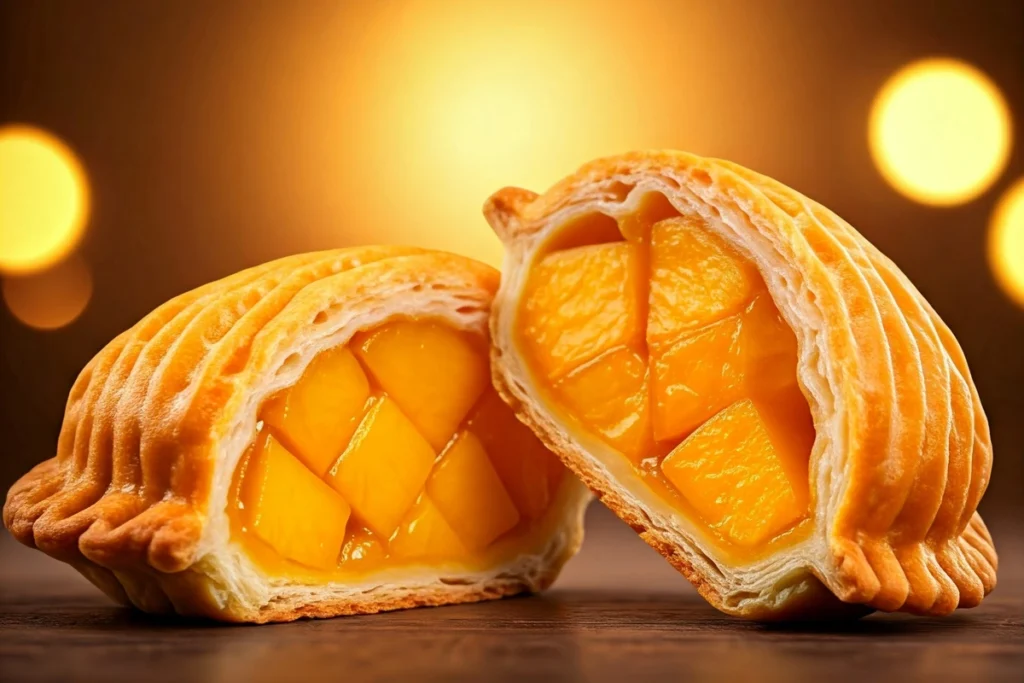 Sliced peach mango pie jollibee showing fruity filling