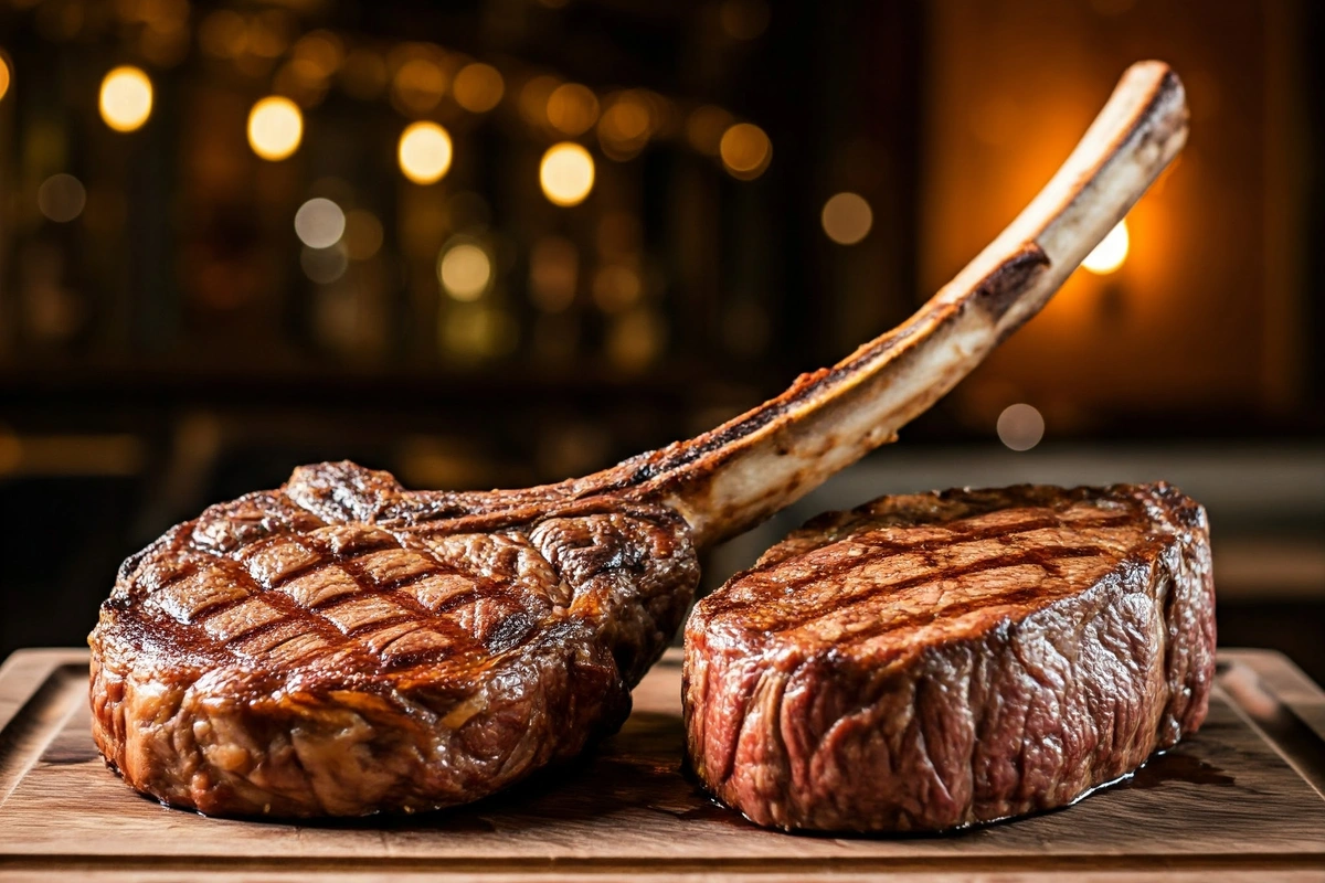 Tomahawk steak and ribeye displayed side by side on a wooden board