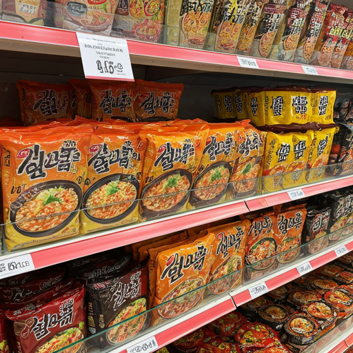 Customers selecting various instant ramen packs in a Korean store