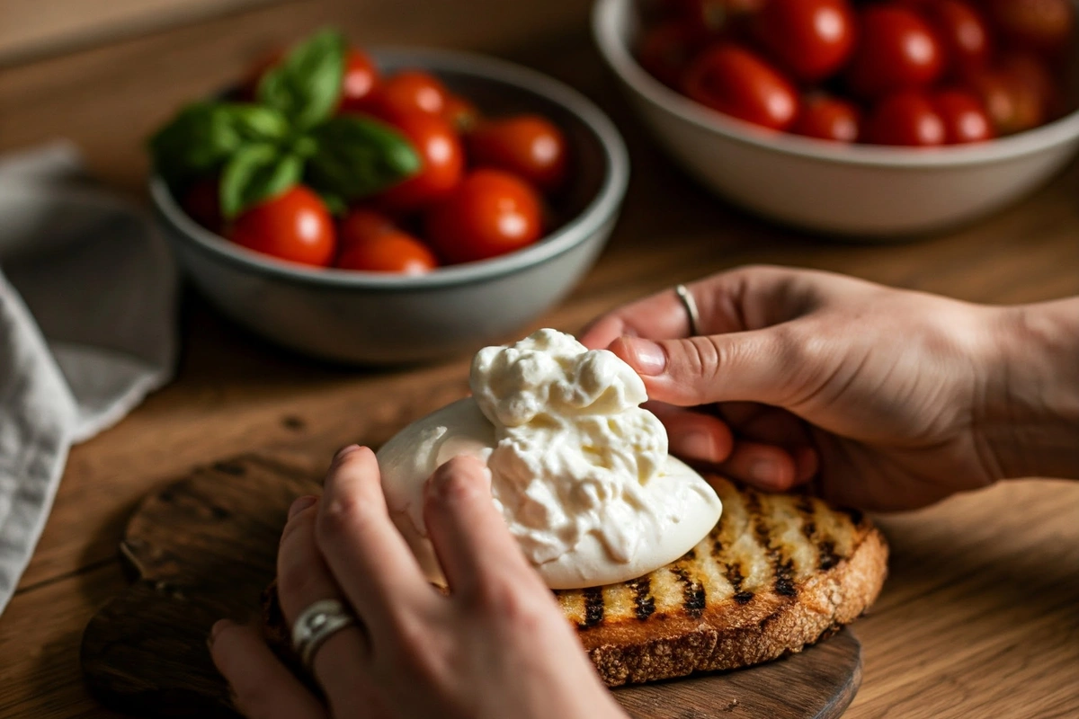 Hands spreading creamy burrata cheese on grilled bread.