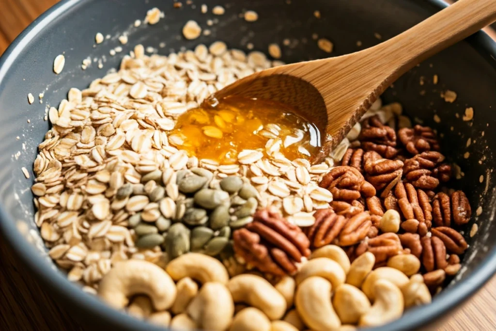  Ingredients for homemade granola being mixed in a bowl.