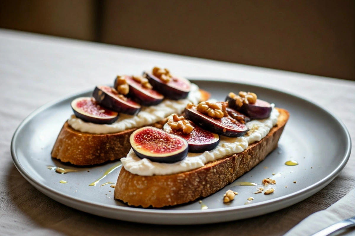 Burrata Bruschetta with figs, honey, and walnuts on a plate.