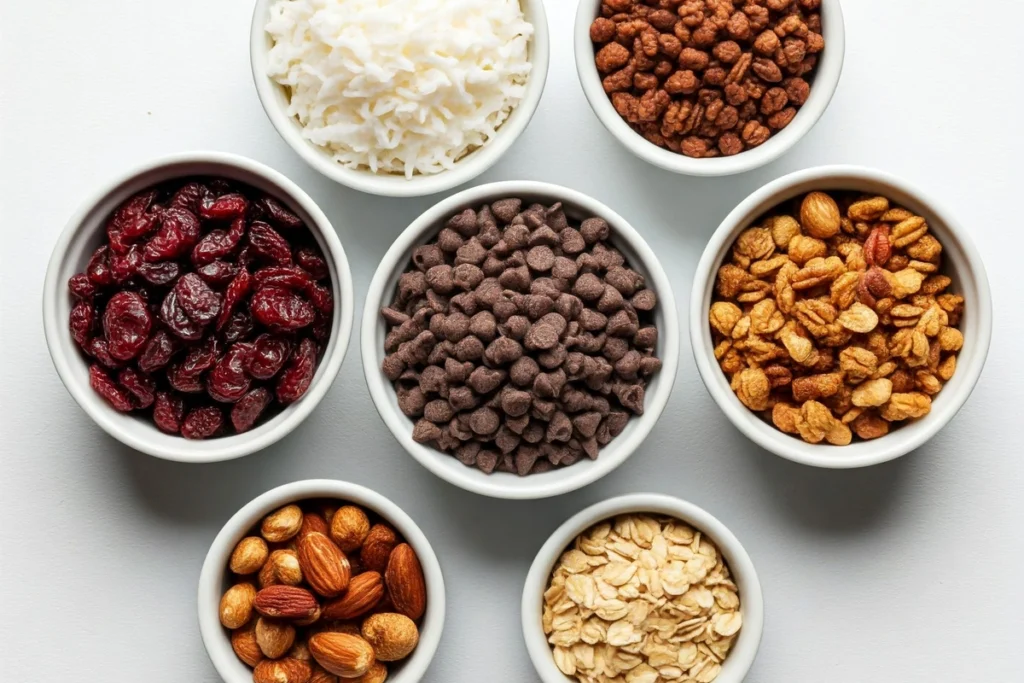 Assorted granola toppings like nuts, dried fruits, and chocolate chips.