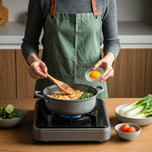 Home cook customizing a pot of ramen with vegetables and egg