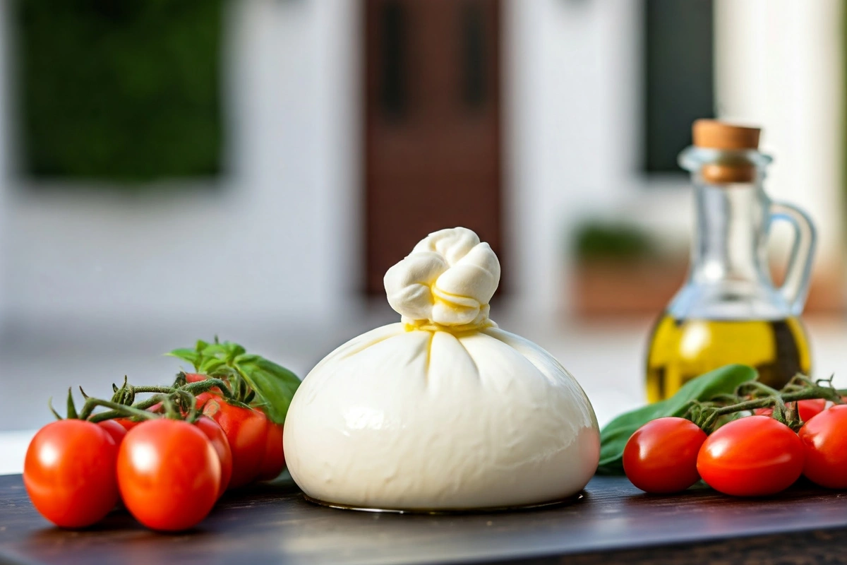 Platter of burrata cheese with tomatoes and basil