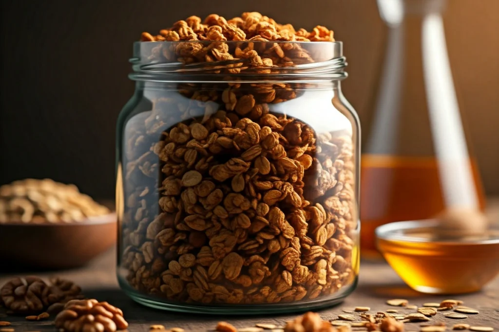 Homemade granola in a clear jar with oats and nuts on a wooden table