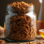 Homemade granola in a clear jar with oats and nuts on a wooden table