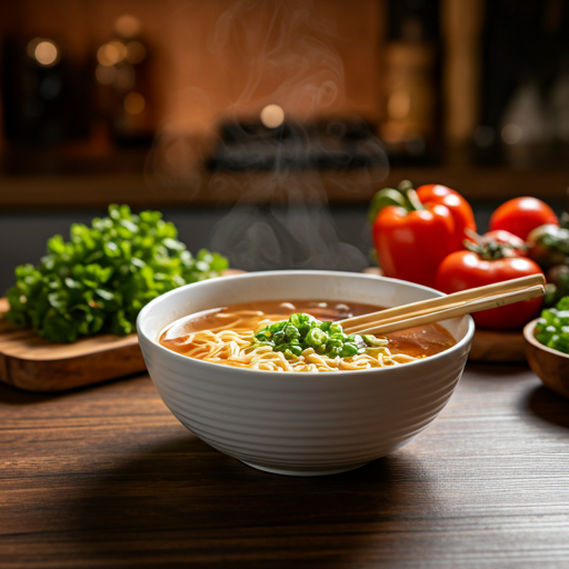 Steaming ramen noodles in a cozy kitchen