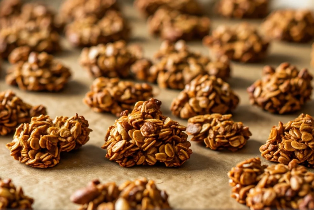 Close-up of granola clusters on a baking sheet