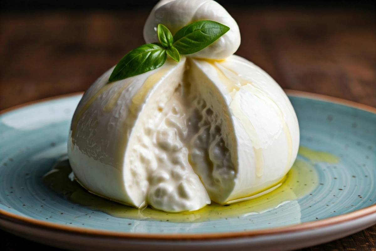 Cut-open burrata cheese showing creamy stracciatella filling