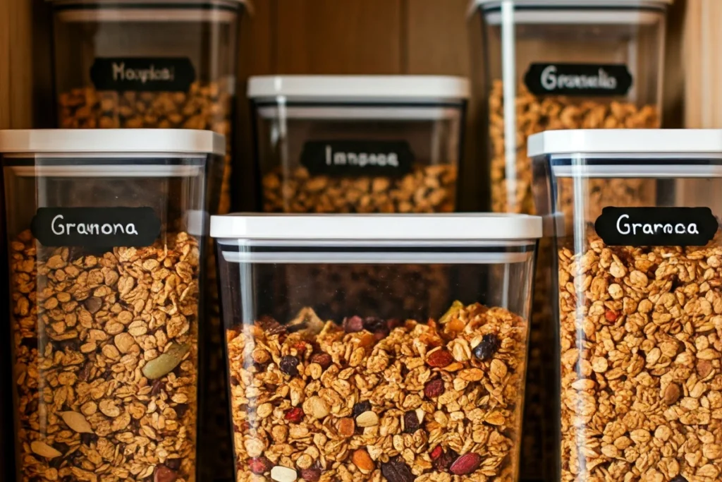 Jars of homemade granola labeled and stored in a kitchen pantry