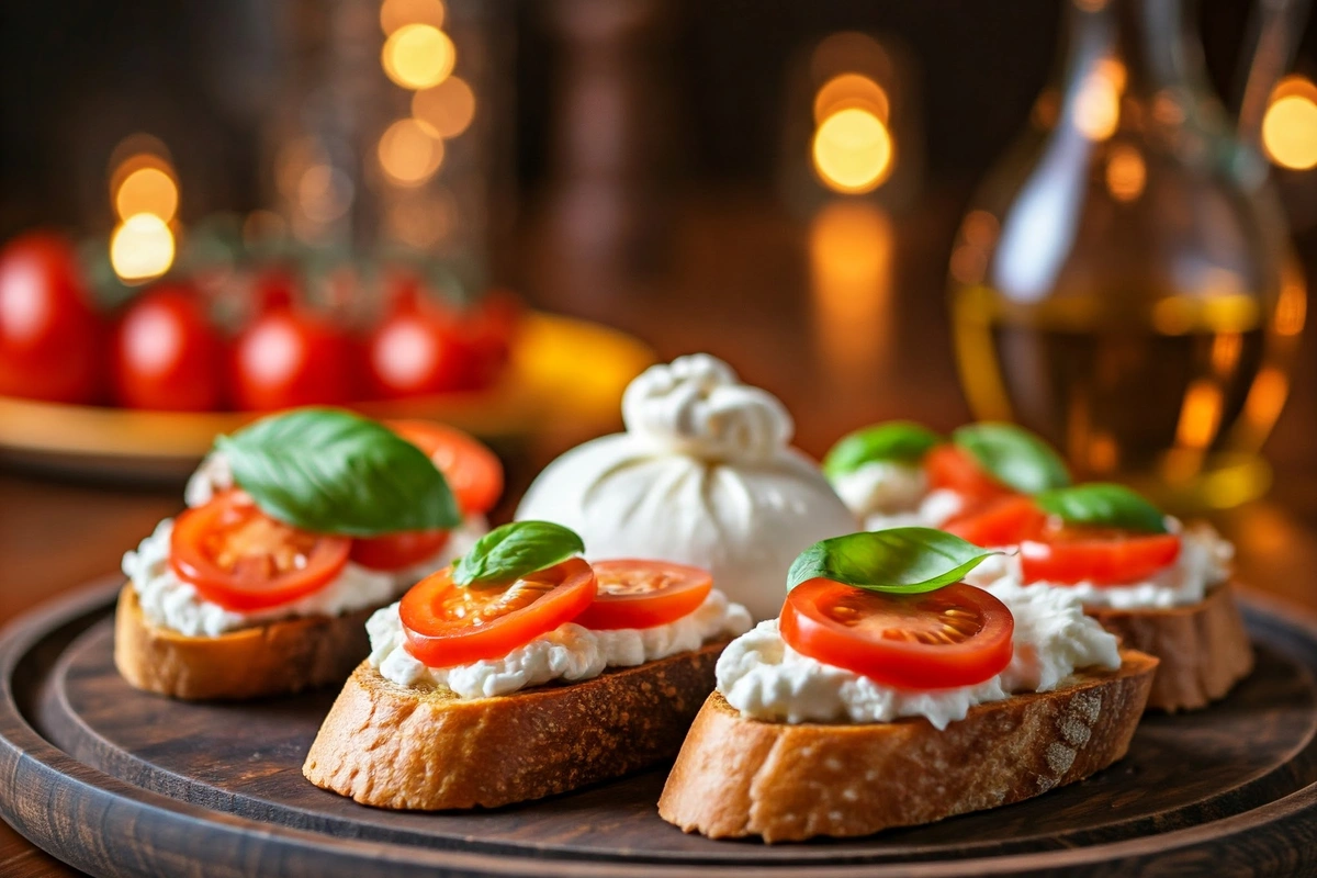 Burrata bruschetta with tomatoes and basil on a rustic table.