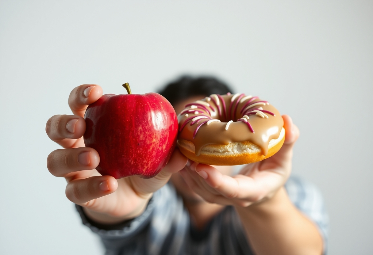  Person choosing between an apple and a donut