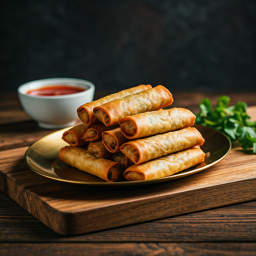 Golden Chinese Egg Rolls on a wooden board