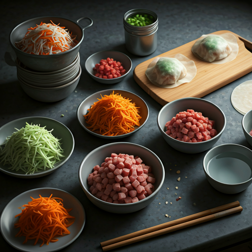  Ingredients for Chinese Egg Rolls with wrappers and fillings
