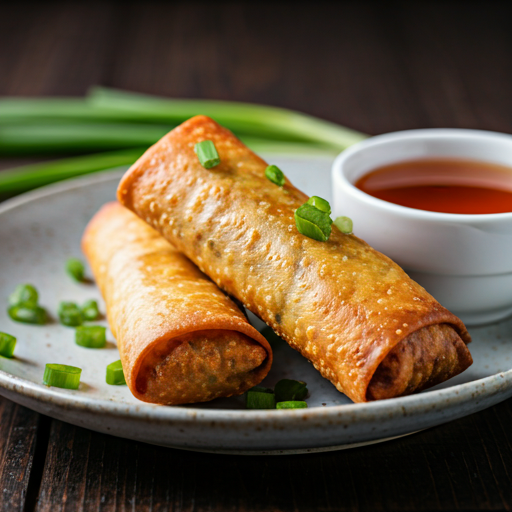 Close-up of golden Chinese egg rolls with dipping sauce