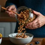 Person pouring homemade granola into a bowl of yogurt