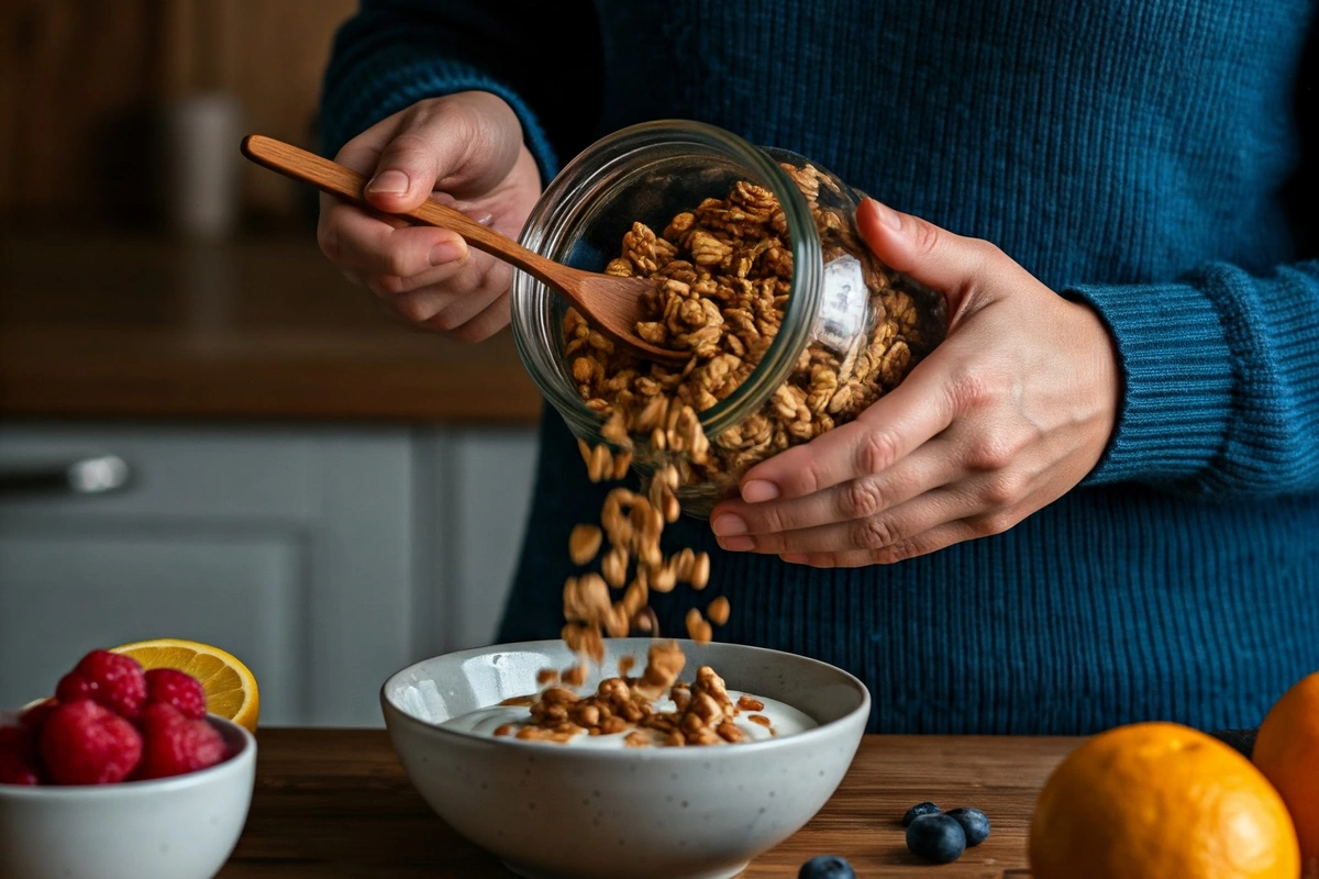 Person pouring homemade granola into a bowl of yogurt