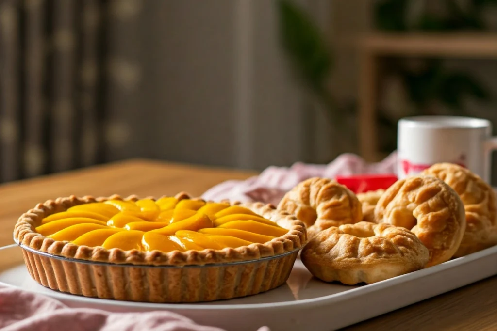 Family table with peach mango pie jollibee pastries on a platter