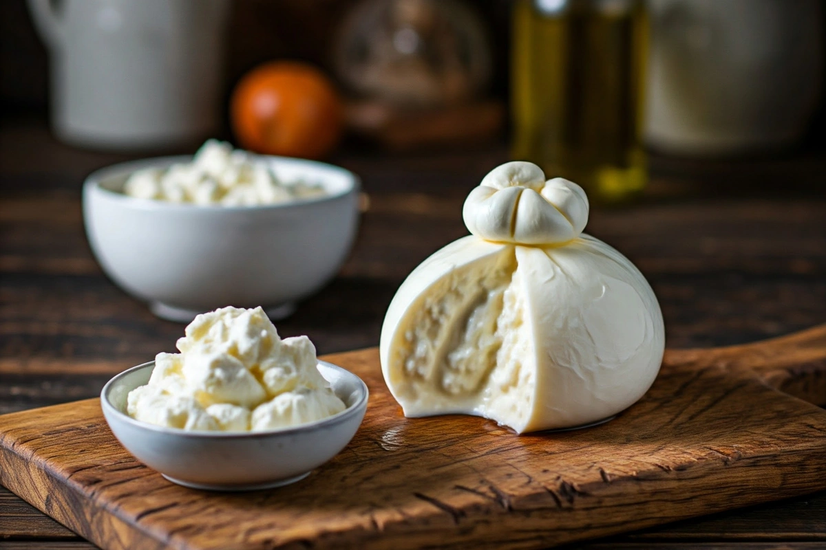 Close-up of sliced burrata beside a bowl of cream cheese