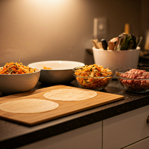 Ingredients for Chinese egg rolls laid out in bowls