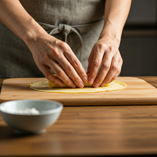 Hands rolling a Chinese egg roll using cornstarch slurry