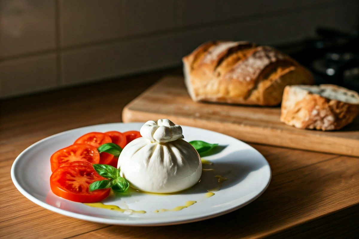 Plate of burrata with olive oil, basil, tomatoes, and bread 