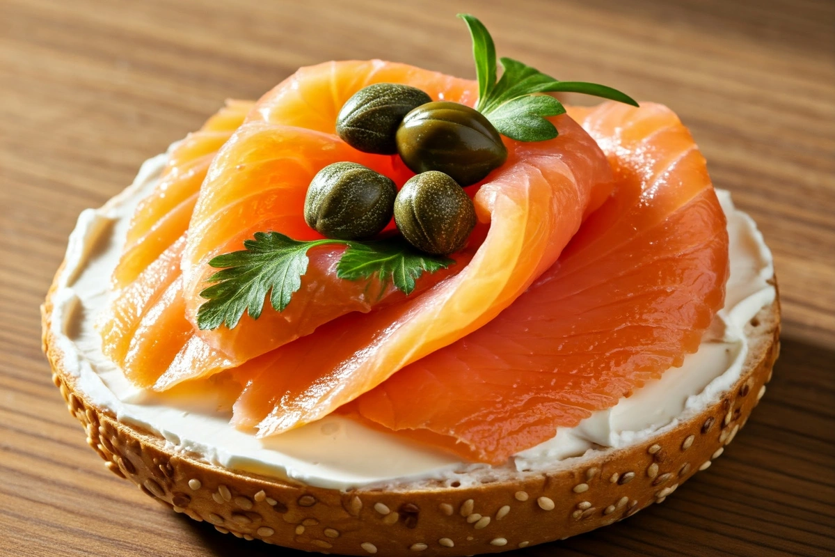 Bagel topped with cream cheese, smoked salmon, and capers 