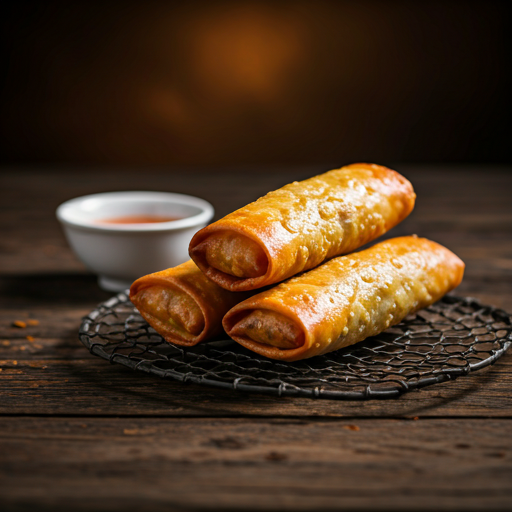  Freshly fried Chinese egg rolls on a wire rack