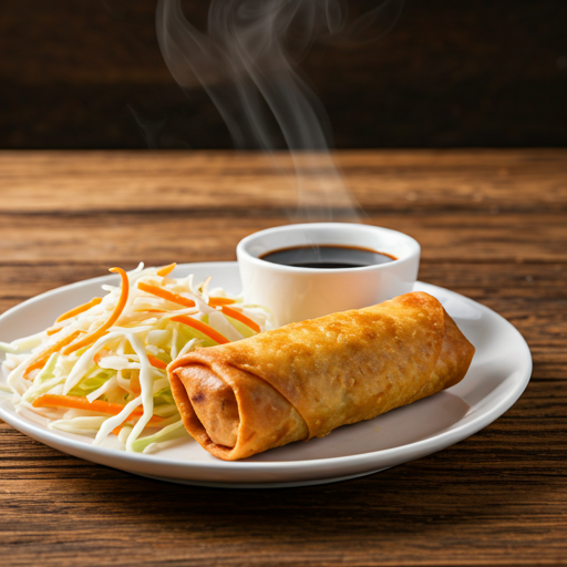 Golden Chinese egg roll with vegetables and soy sauce.