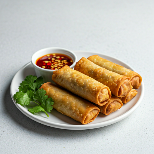 Air-fried Chinese egg rolls with chili garlic dipping sauce.