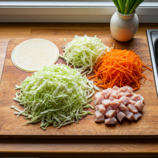 Ingredients for homemade Chinese egg rolls on a cutting board.