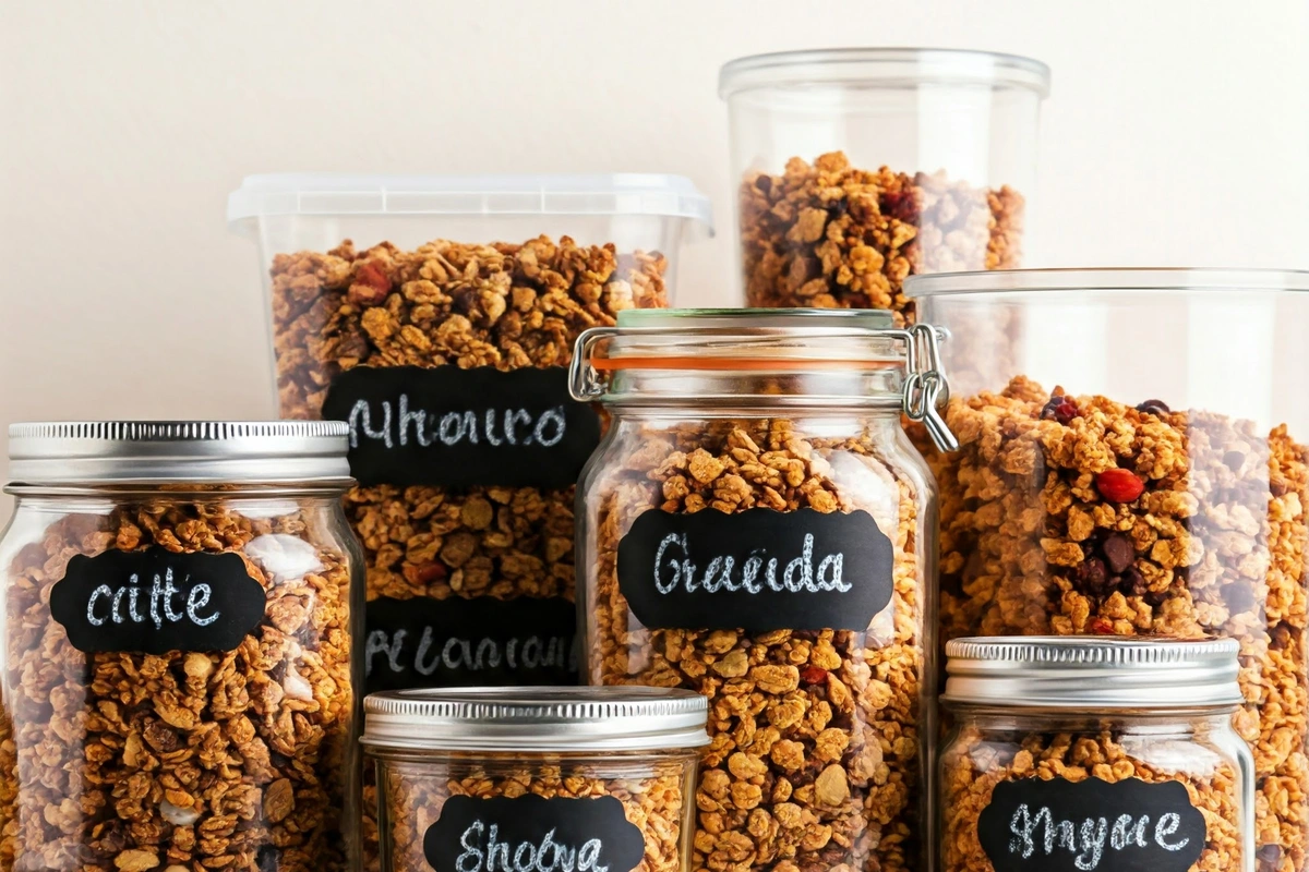 Various containers filled with homemade granola