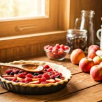 Cooking fruit pie filling in a pan with fresh fruits on the counter