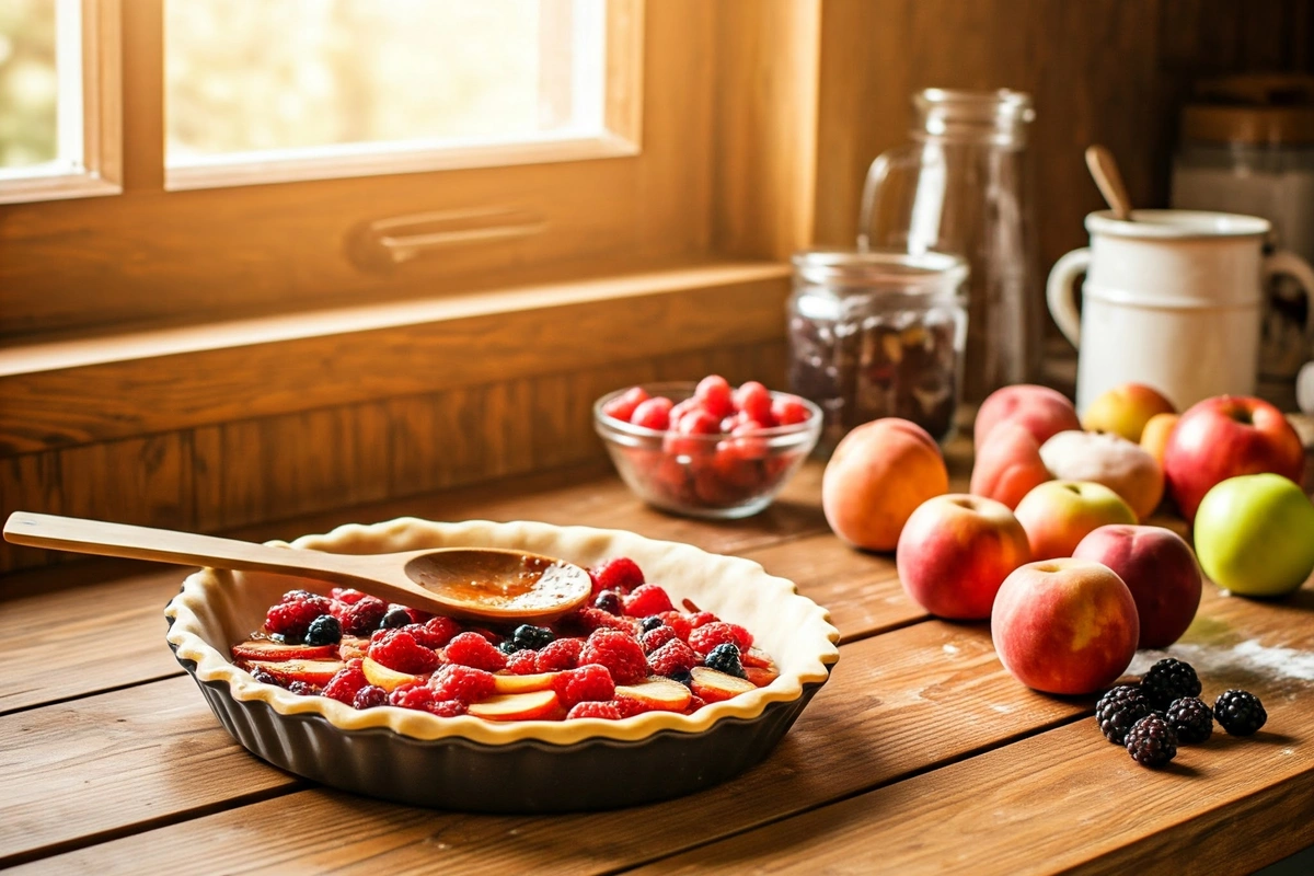 Cooking fruit pie filling in a pan with fresh fruits on the counter