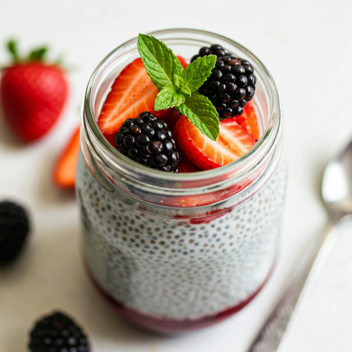 Mason jar of overnight chia pudding topped with fresh berries