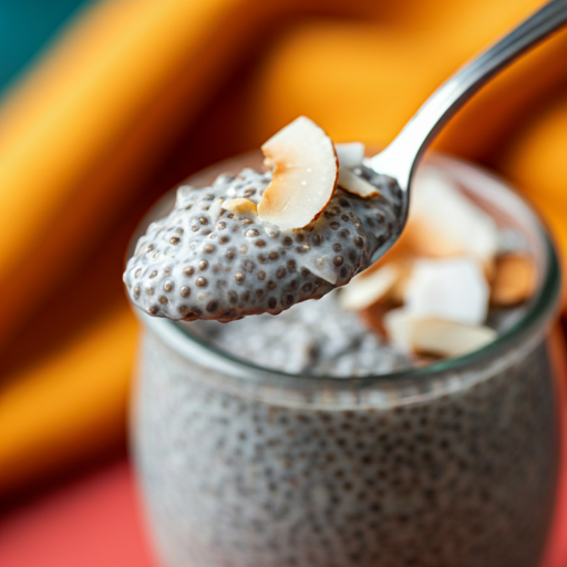 Spoonful of creamy overnight chia pudding with coconut and almonds