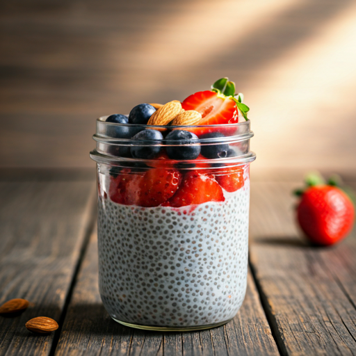 Overnight chia pudding with fresh berries and almonds.