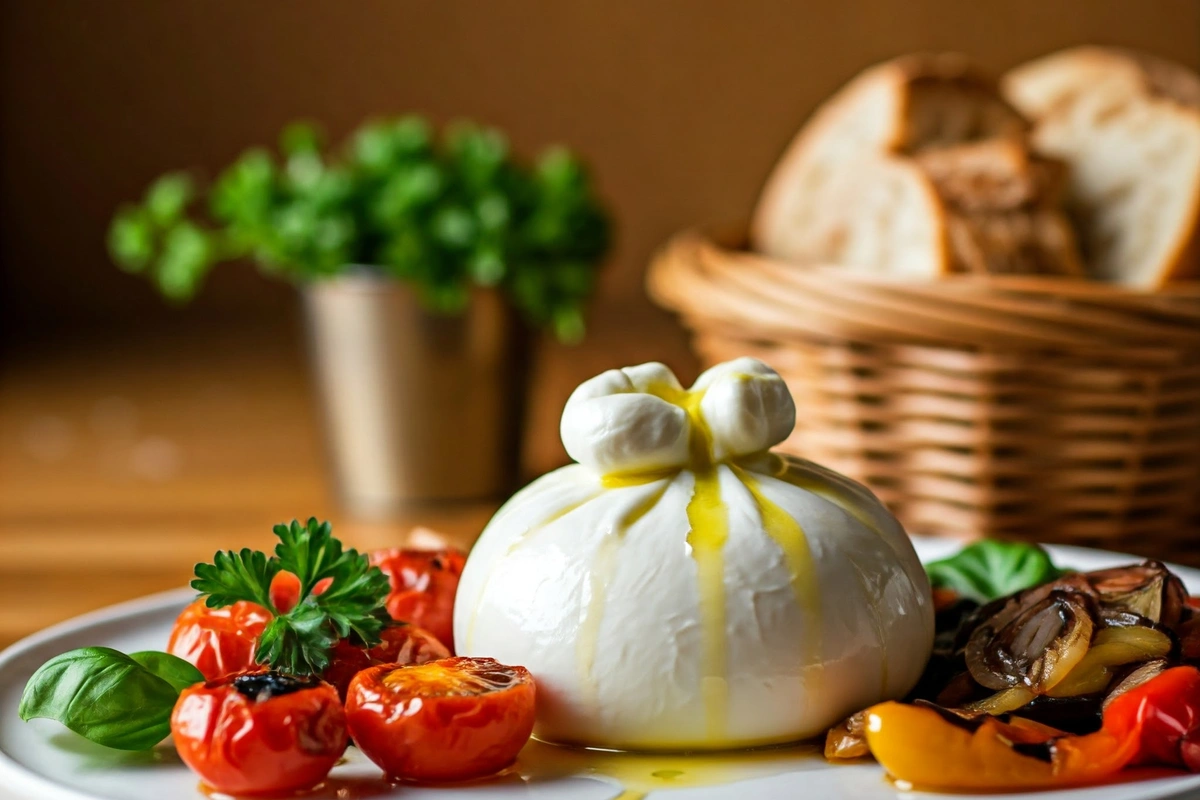 Burrata served with roasted vegetables and bread 