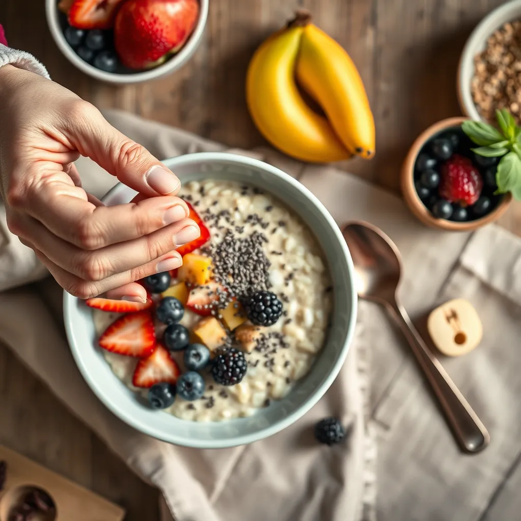 Sprinkling chia seeds on oatmeal