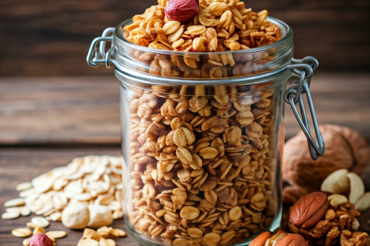  Fresh homemade granola in a glass jar with scattered nuts and seeds