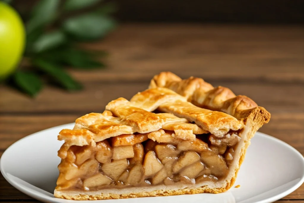 A slice of deep-dish apple pie showing even filling consistency.