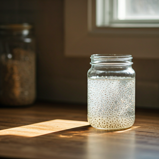 “Glass jar of chia seeds soaking in water on a kitchen counter”