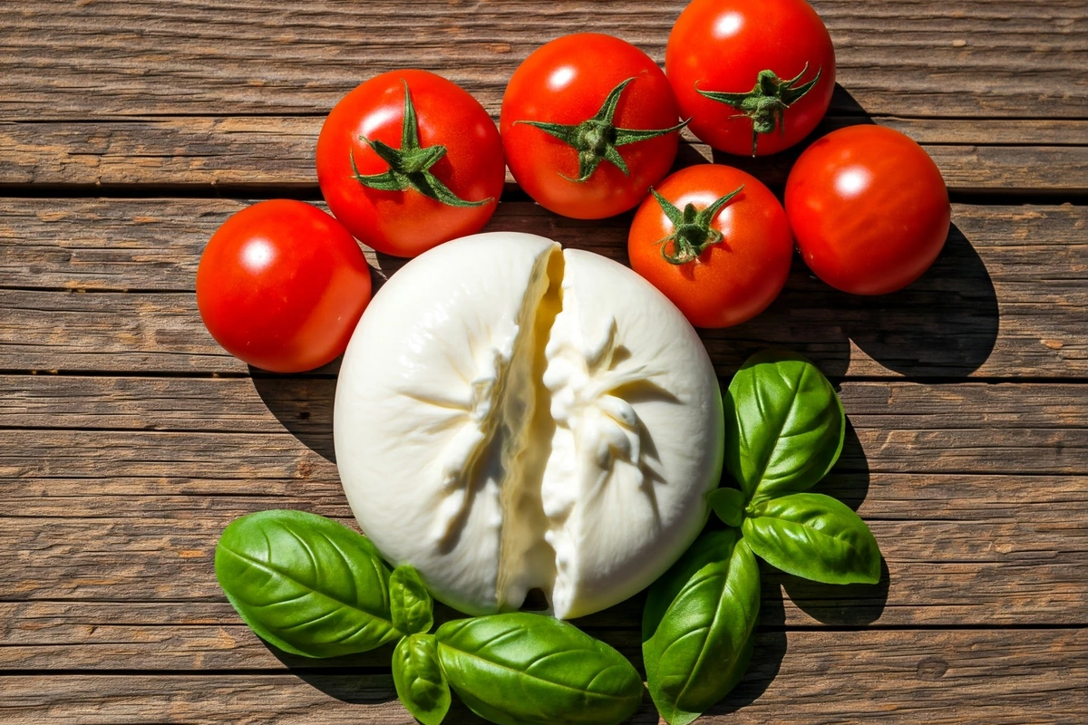 Creamy burrata cheese split open on a wooden table