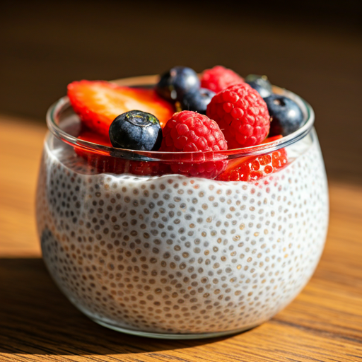 “Creamy chia pudding topped with fresh fruit and honey”