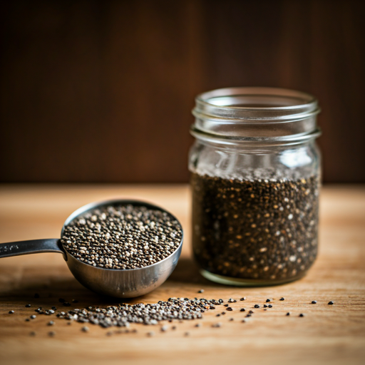  “Measuring spoon of dry chia seeds next to a jar of soaked chia”