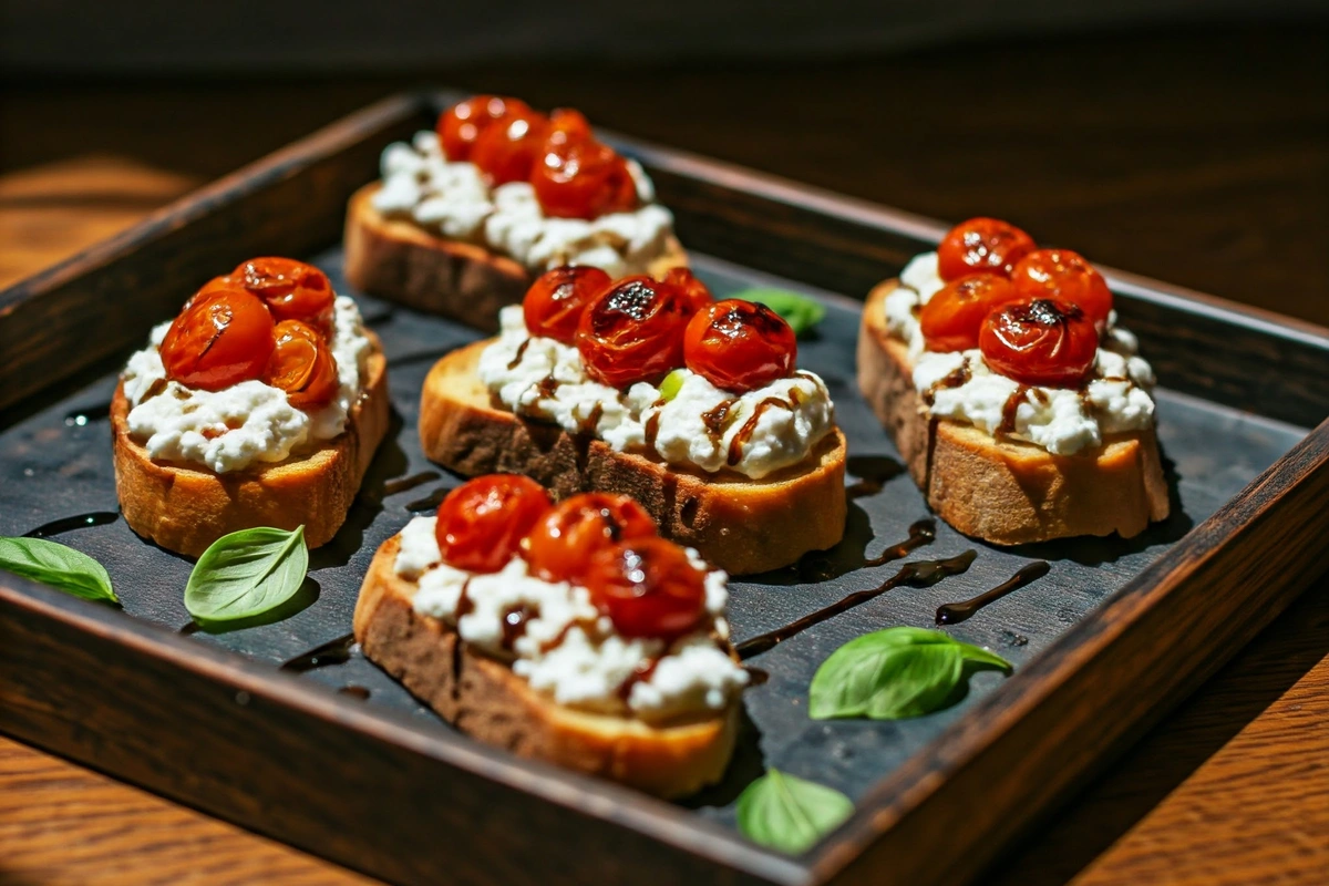 Burrata crostini served as a simple appetizer