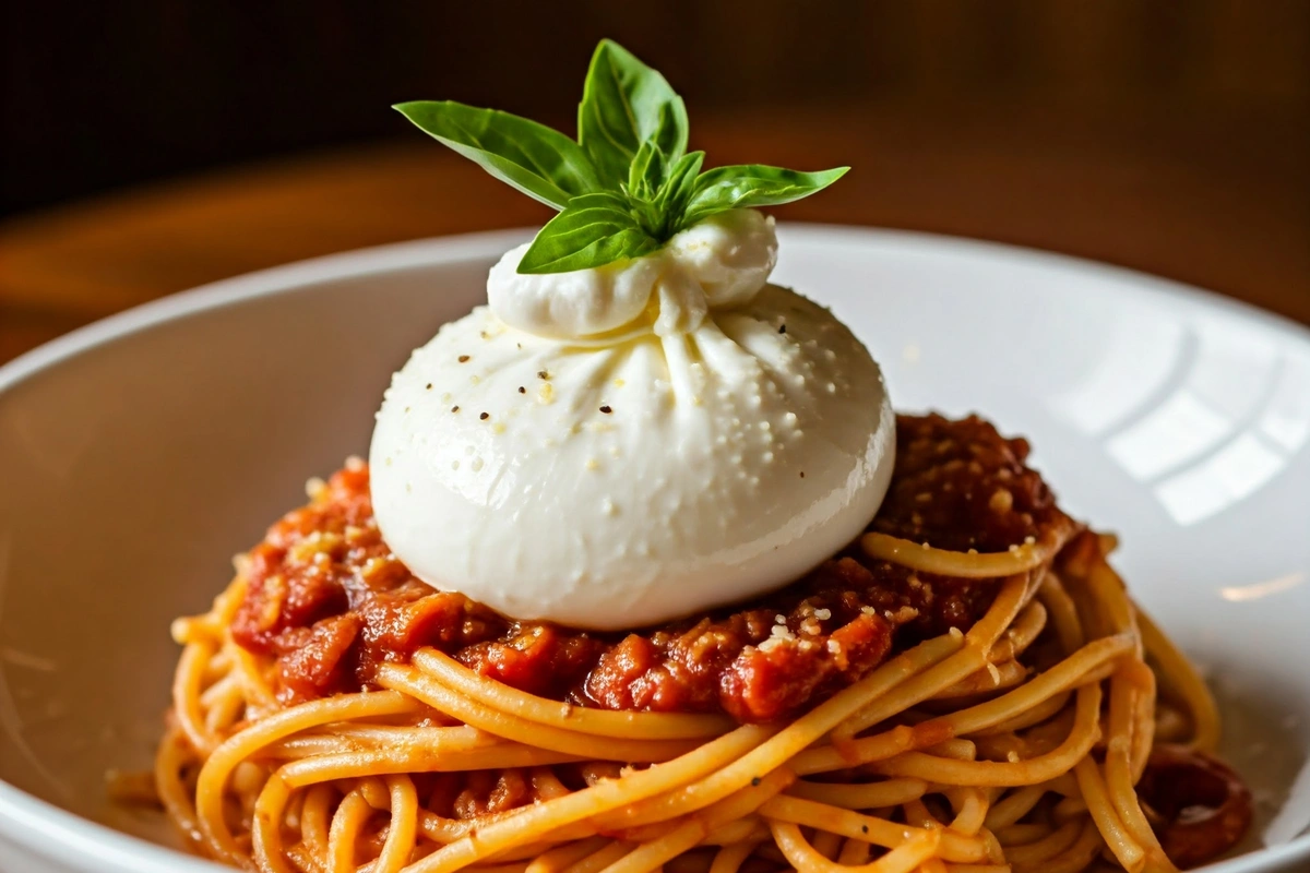 Burrata-topped pasta dish