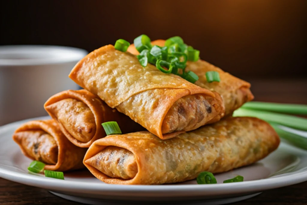 Golden-brown Chinese egg rolls on a plate garnished with green onions