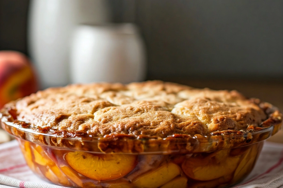 Warm golden-brown peach cobbler fresh from the oven